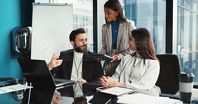 Buy stock photo Collaboration, discussion and group with laptop, office and colleagues with stats for investment. Brainstorming, people and online for accounting in boardroom, business meeting and teamwork with data