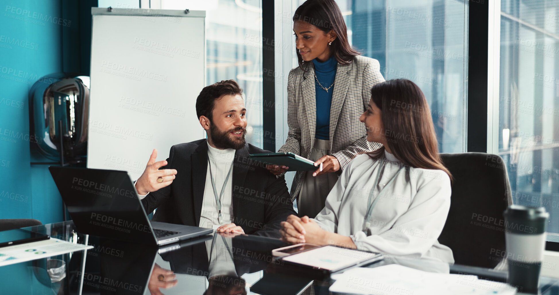 Buy stock photo Collaboration, discussion and group with laptop, office and colleagues with stats for investment. Brainstorming, people and online for accounting in boardroom, business meeting and teamwork with data