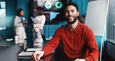 Buy stock photo Happy, finance and portrait of businessman in office for company investment risk management plan. Meeting, team and male data scientist with trading volumes for stock market report in workplace.