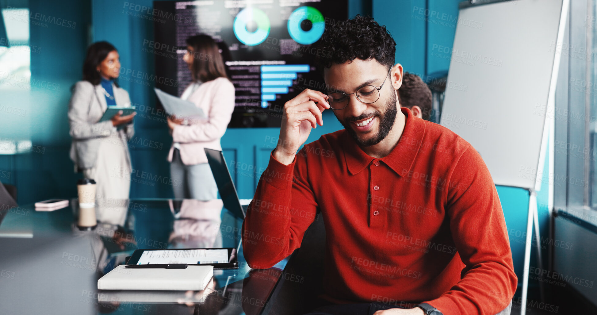 Buy stock photo Boardroom, glasses and smile of businessman in investment company office for wealth management. Finance, relief and satisfaction with broker or trading employee in agency workplace for growth