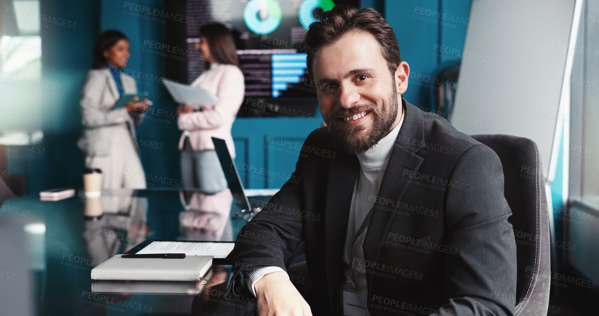 Buy stock photo Portrait, smile and meeting with business man in office for crypto, digital assets and investment projection. Portfolio manager, blockchain analyst and professional with person in financial firm