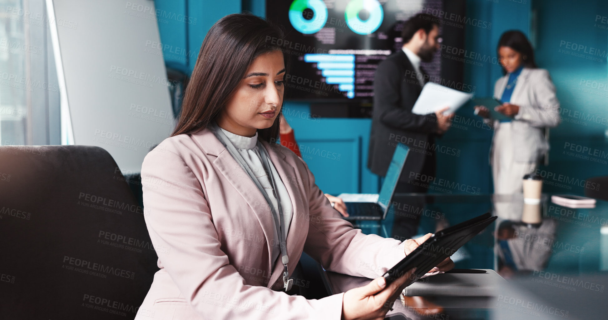 Buy stock photo Research, serious and woman with tablet, office and analysis of industry trends for trading and data analyst. Corporate, people and statistician with info for investment, planning or stock market