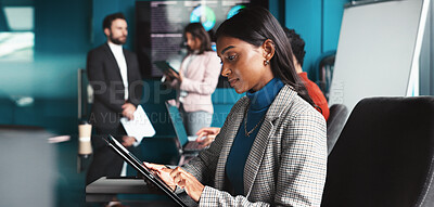 Buy stock photo Reading, serious and woman with tablet, office and analysis of trends for trading and data analyst. Corporate, people and statistician with info for investment, research or planning for stock market