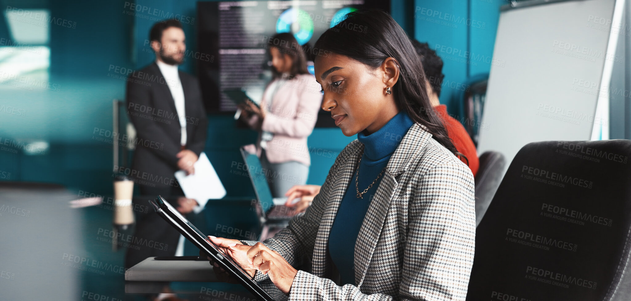 Buy stock photo Reading, serious and woman with tablet, office and analysis of trends for trading and data analyst. Corporate, people and statistician with info for investment, research or planning for stock market