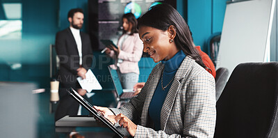 Buy stock photo Research, smile and woman with tablet, office and analysis of industry trends for trading or data analyst. Corporate, people and statistician with info for investment, online or plan for stock market