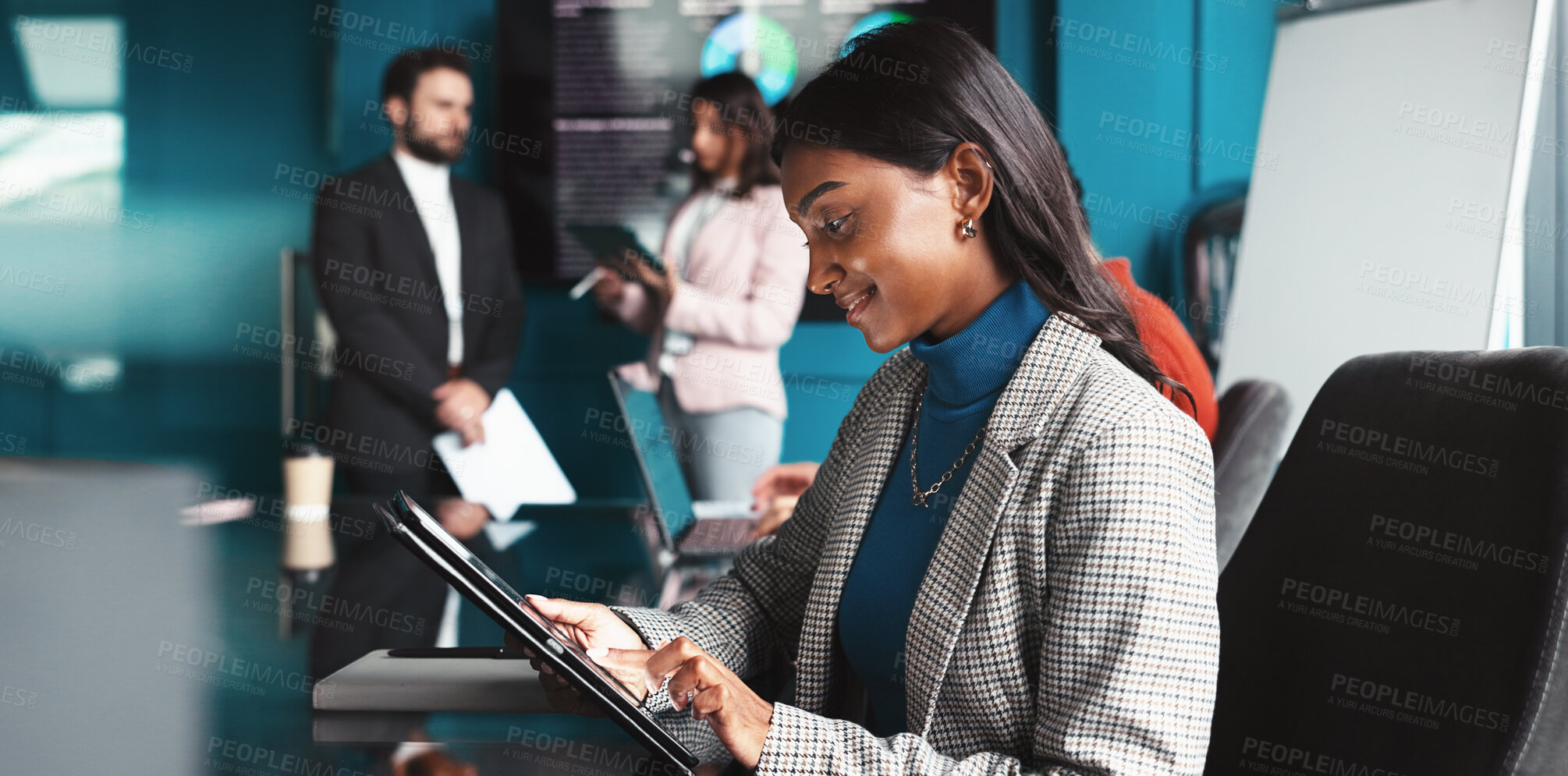 Buy stock photo Research, smile and woman with tablet, office and analysis of industry trends for trading or data analyst. Corporate, people and statistician with info for investment, online or plan for stock market