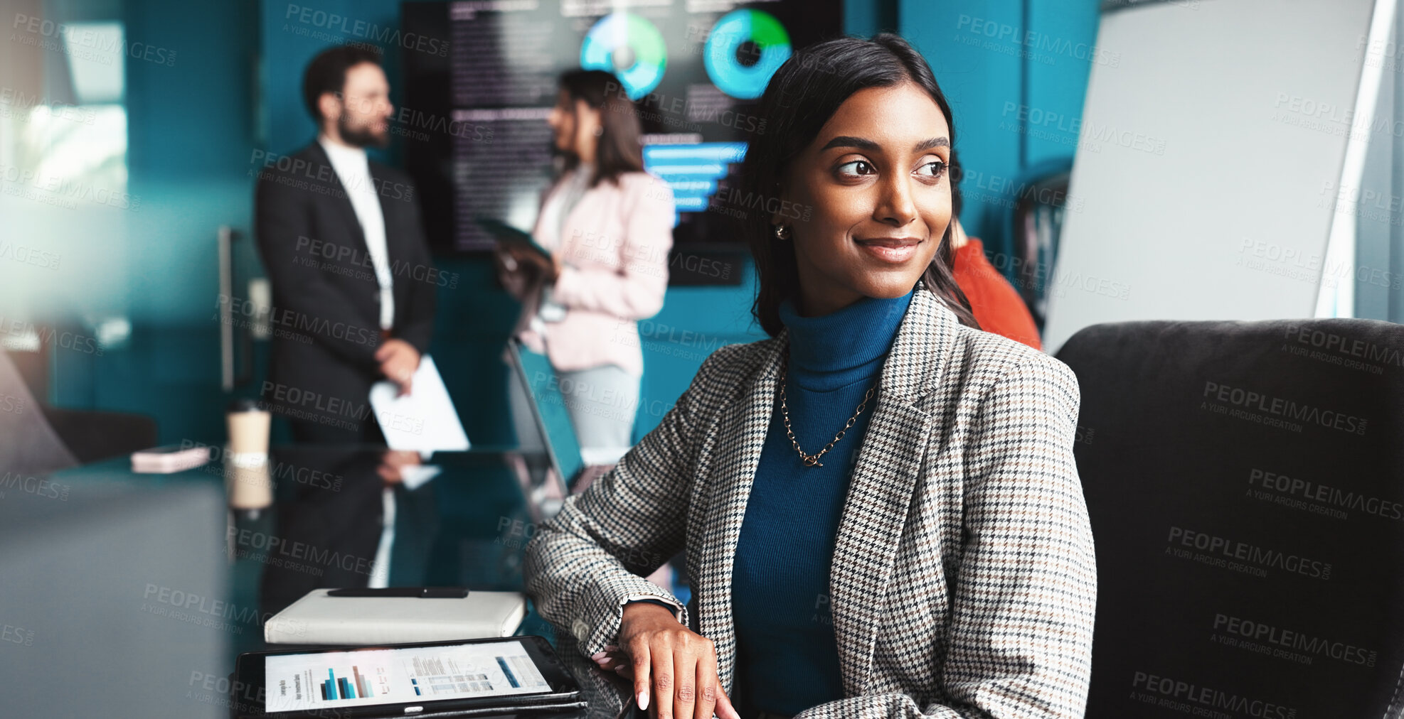 Buy stock photo Documents, finance and vision with business woman in office of investment firm for portfolio management. Future, growth and thinking with happy financial broker in workplace for stock market trading