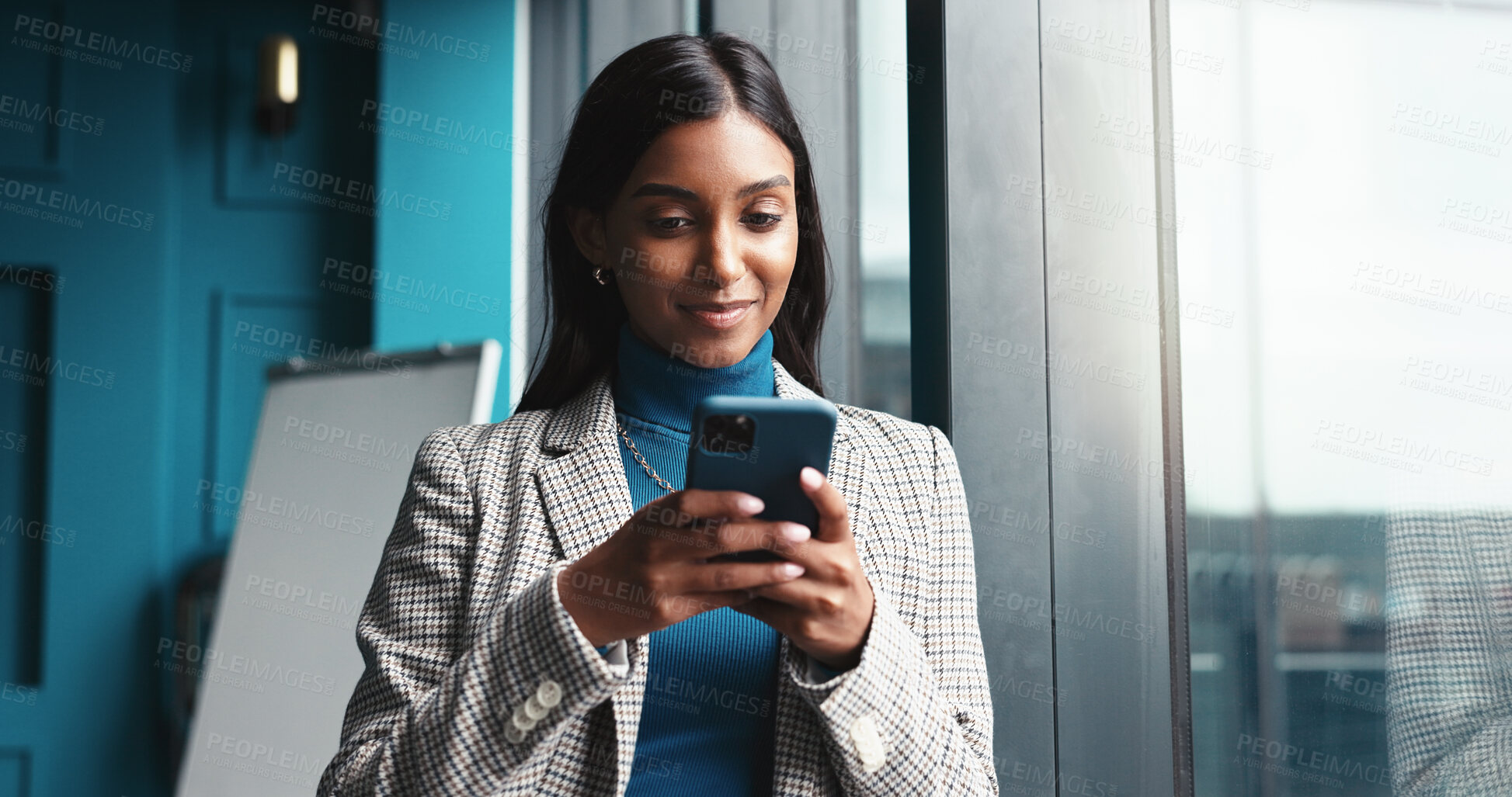 Buy stock photo Browsing, window and woman with smartphone, creative and employee with ideas for engagement and office. Happy, social media specialist and person with mobile for content creation, website or planning