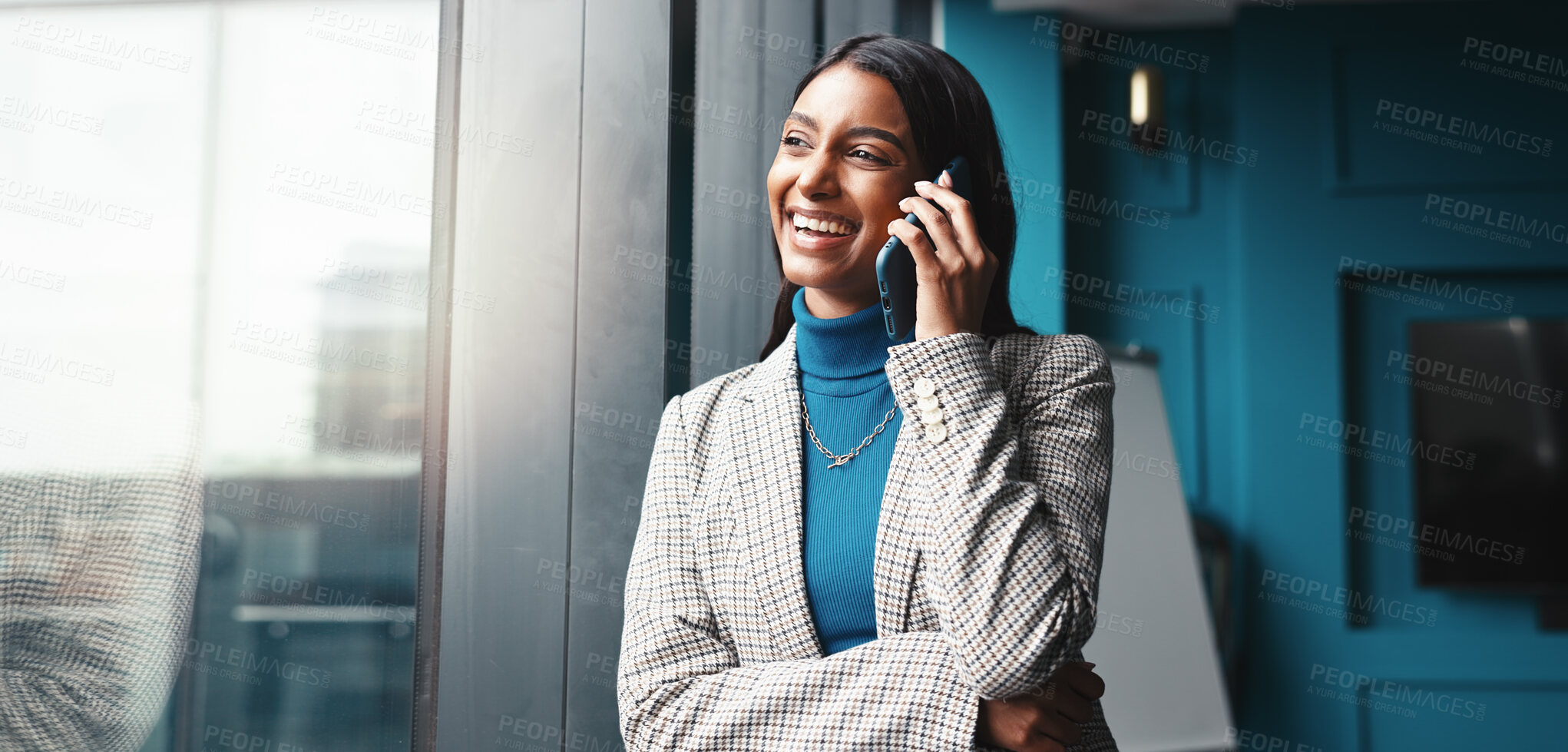 Buy stock photo Office, businesswoman and networking with phone call for negotiation, funding discussion or laugh. Career, female person and financial advisor with mobile for conversation, deal or talking to contact