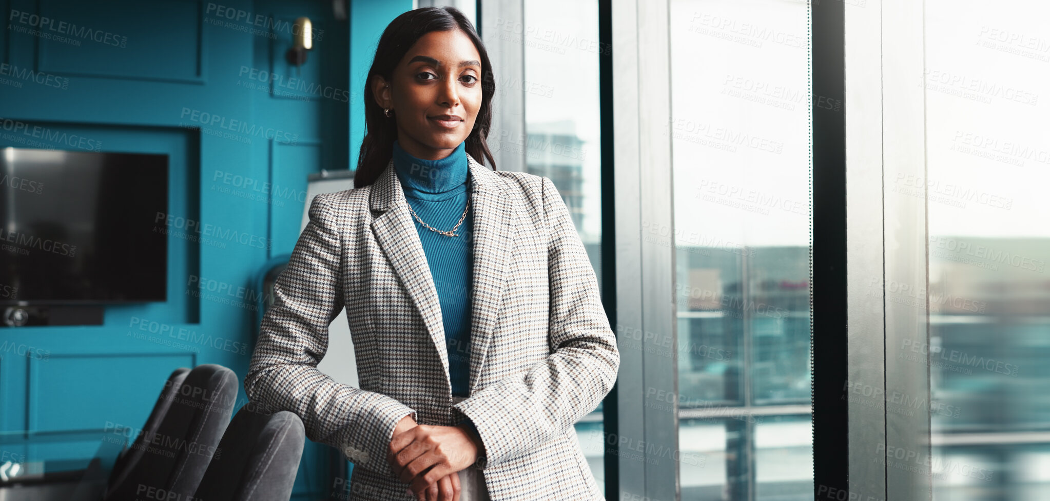 Buy stock photo Happy, portrait and businesswoman in office with confidence for administrative law career. Pride, professional and female attorney from India with social security compliance case in workplace.