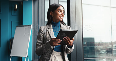 Buy stock photo Thinking, tablet and smile with business woman in office for workshop coordinator, reflection and corporate trainer. Vision, planning and conference organizer with person in agency for schedule