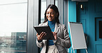 Smile, tablet and research with business woman in office for workshop coordinator, reading or corporate trainer. Client feedback, planning and conference organizer with person in agency for schedule
