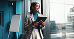 Thinking, tablet and happy with business woman in office for workshop coordinator, reflection and corporate trainer. Vision, planning and conference organizer with person in agency for schedule