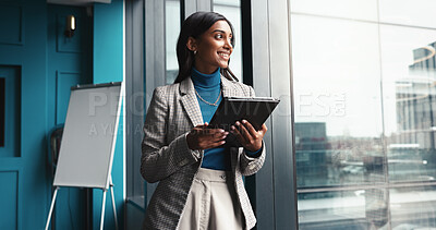 Buy stock photo Thinking, tablet and happy with business woman in office for workshop coordinator, reflection and corporate trainer. Vision, planning and conference organizer with person in agency for schedule