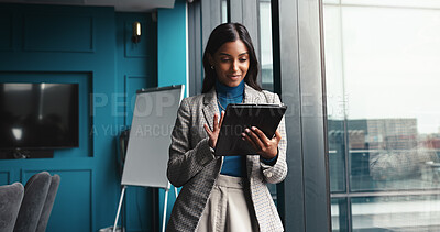 Buy stock photo Smile, tablet and planning with business woman in office for workshop coordinator, reading and corporate trainer. Feedback, research and conference organizer with person in agency for schedule
