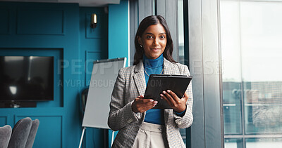 Buy stock photo Portrait, confident and woman with tablet, window and online for financial report in office and smile. Corporate, accountant and person with tech for tax filing, app and info for profit of business