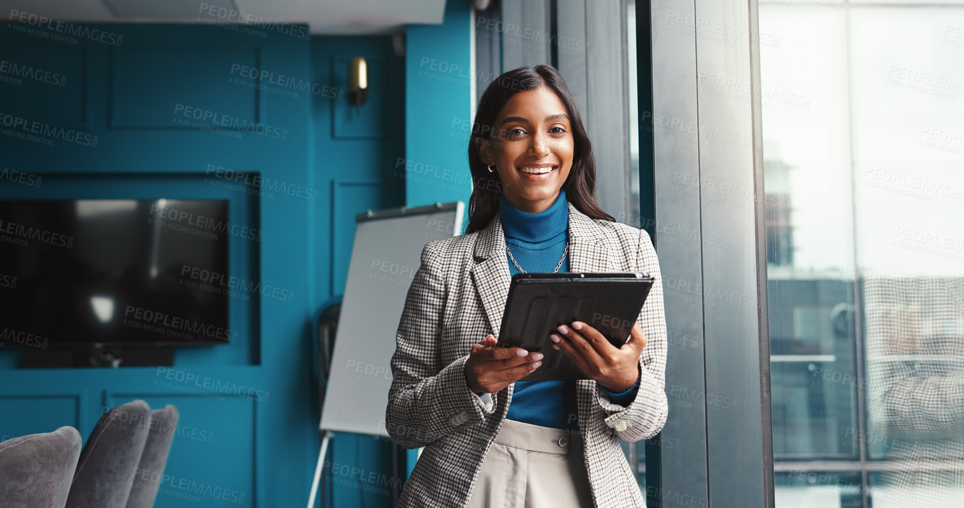 Buy stock photo Portrait, smile and tablet with business Indian woman in boardroom of corporate office for planning. Agenda, preparation and research with happy employee in workplace for start of internship