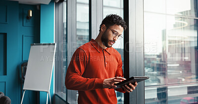 Buy stock photo Office, businessman and email with tablet for reading, news story and online article for publication. Career, male person or journalist with digital for creative agency, blog website or scroll review