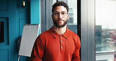 Buy stock photo Confident, glasses and portrait of businessman in office for finance stock market with trading industry. Pride, professional and male financial risk manager with investment mitigation for client.