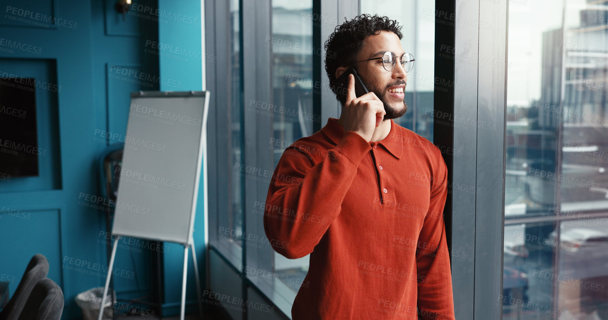 Buy stock photo Office, businessman and thinking with phone call for negotiation, planning and source for news. Window, male person and journalist with mobile for article ideas, schedule interview and networking