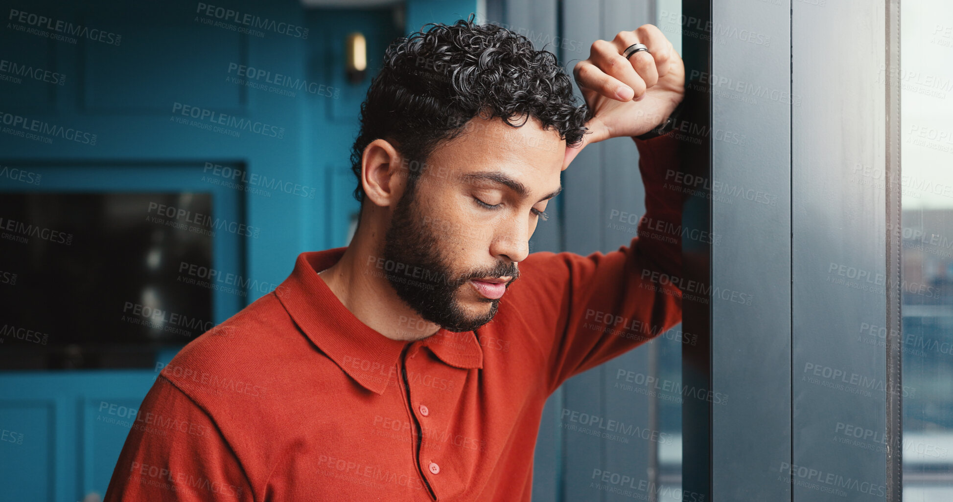 Buy stock photo Tired, businessman and window with stress for bankruptcy, company liquidation or financial crisis at office. Frustrated, man or employee with anxiety, strain or pressure for debt, mistake or failure