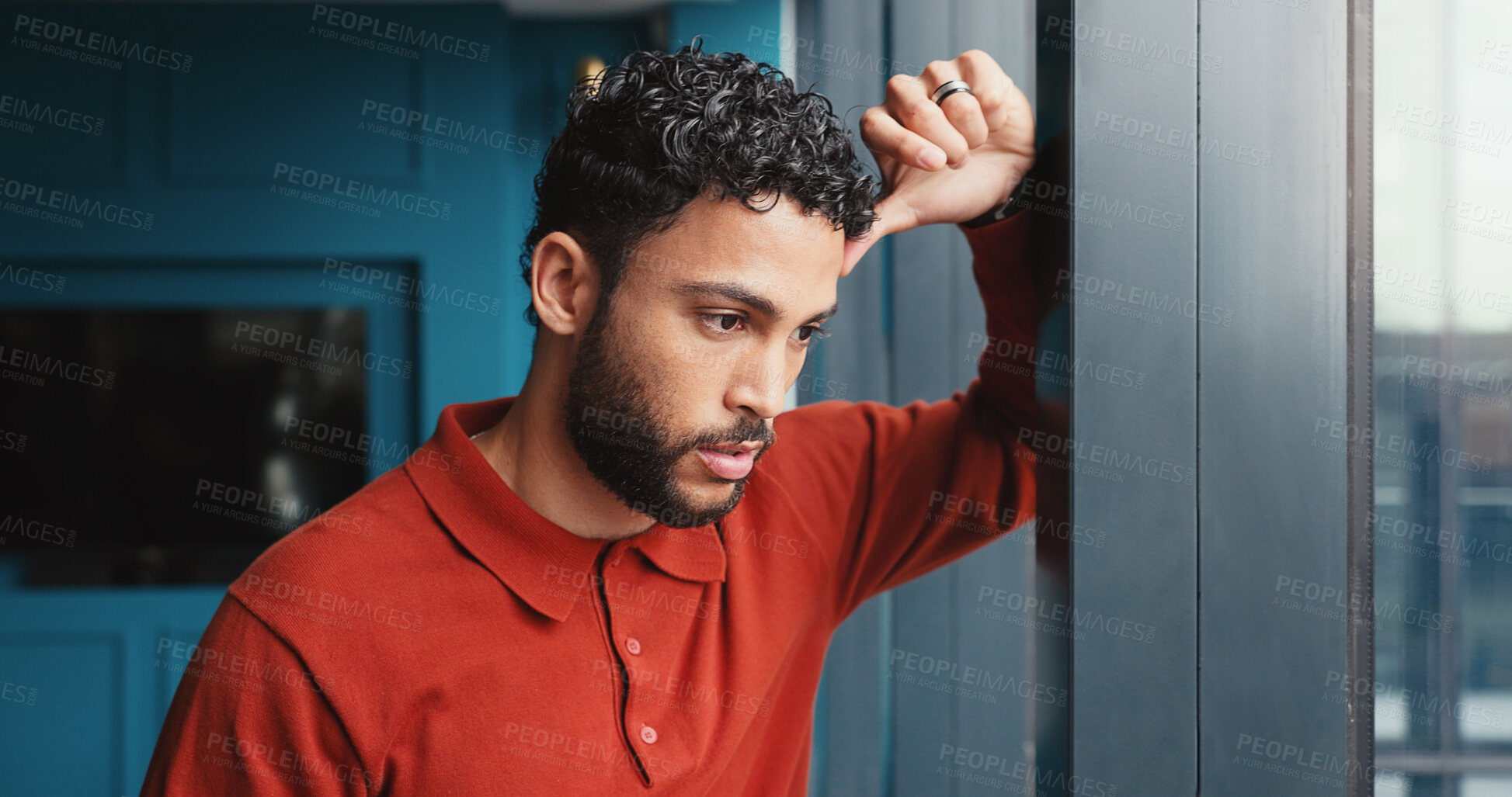 Buy stock photo Frustrated, businessman and window with stress for bankruptcy, company liquidation or financial crisis at office. Angry, man or employee with anxiety, strain or pressure for debt, mistake or failure