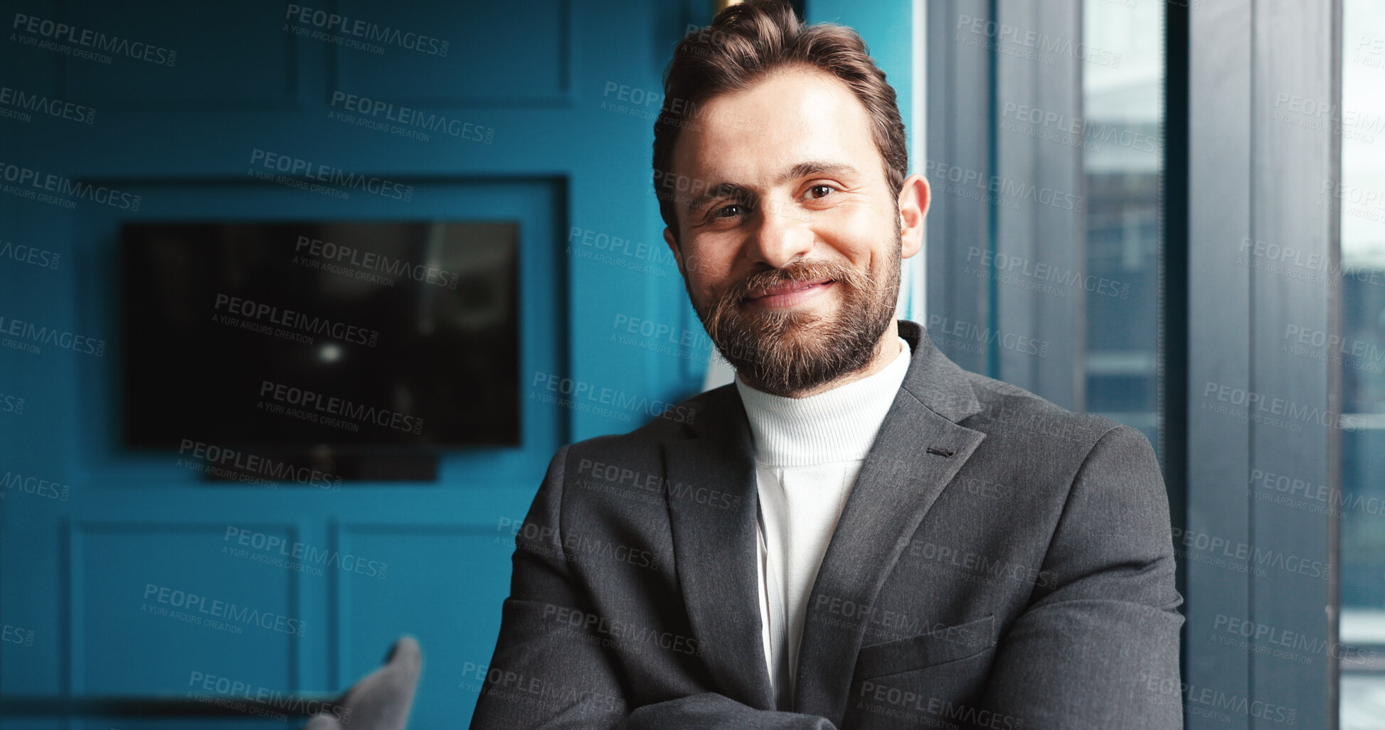 Buy stock photo Smile, pride and portrait of businessman in office for finance stock market research with trading. Confident, professional and male financial risk manager from Russia with investment mitigation.