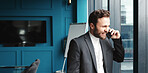 Office, businessman and smile with phone call for negotiation, funding discussion and networking. Career, male person and financial advisor with mobile for communication, offer and talking to contact