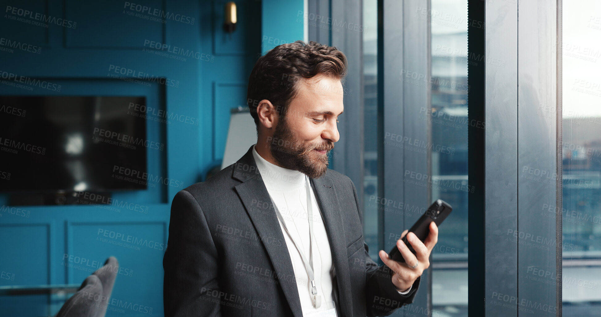Buy stock photo Office, businessman and reading with phone for notification, news and online article for publication. Career, male person and journalist with mobile for creative agency, digital blog or scroll review