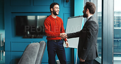 Buy stock photo B2B, handshake and merger with business people in corporate office for successful negotiation. Agreement, meeting or planning with manager and client shaking hands at work for deal or partnership