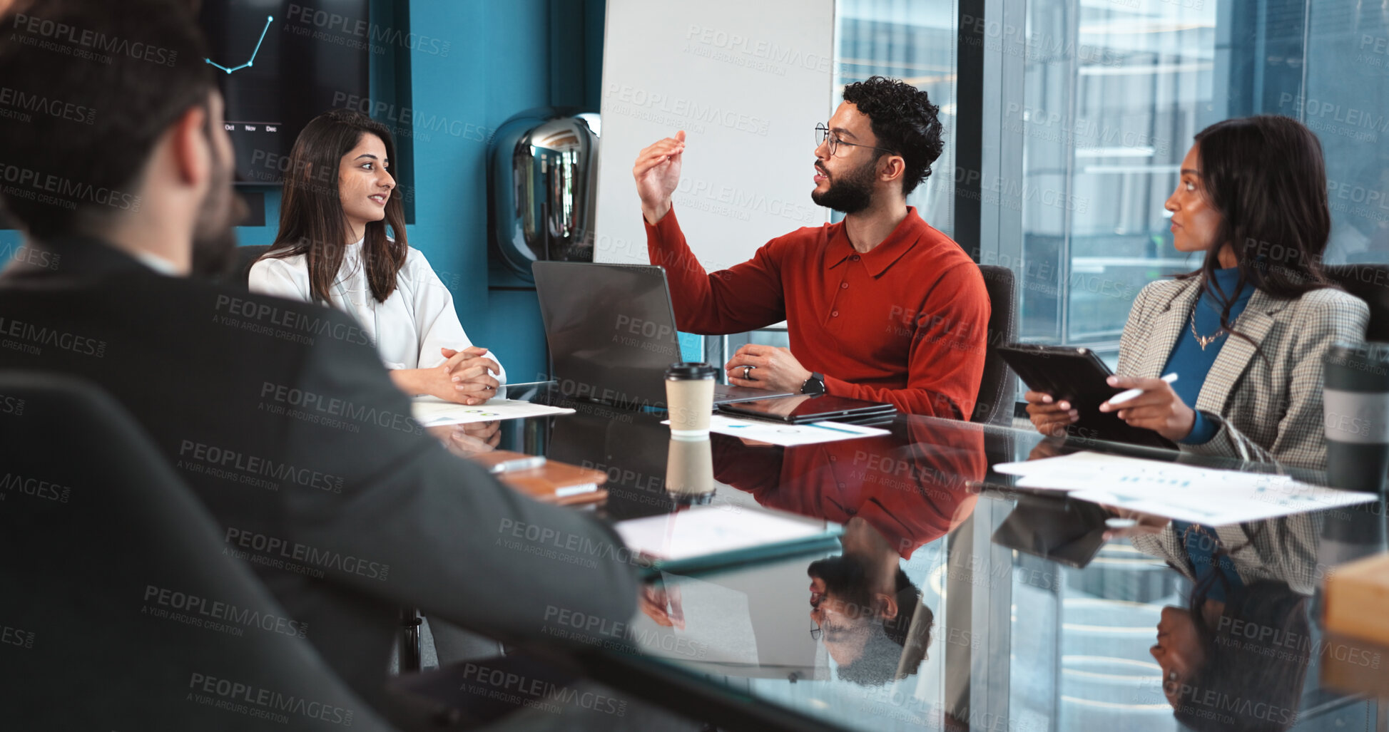 Buy stock photo Business people, meeting or discussion with company statistics for financial report, review or progress at office. Group, analyst or employee with laptop for finance strategy, growth or budget plan