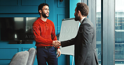 Buy stock photo B2B, handshake and meeting with business people in corporate office for successful negotiation. Agreement, merger or planning with manager and client shaking hands at work for deal or partnership