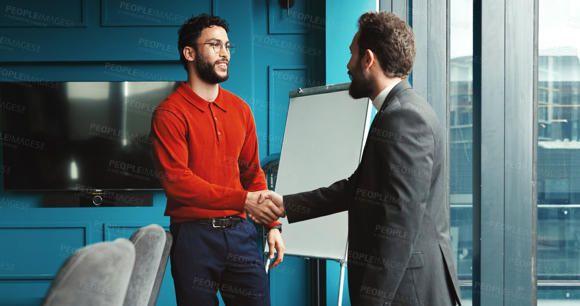 Buy stock photo B2B, handshake and meeting with business people in corporate office for successful negotiation. Agreement, merger or planning with manager and client shaking hands at work for deal or partnership