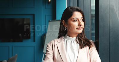 Buy stock photo Window, reflection and woman in office, thinking and solution for company. Person, accountant and financial advisor in workplace, daydreaming and decision with choice, view and option for investment