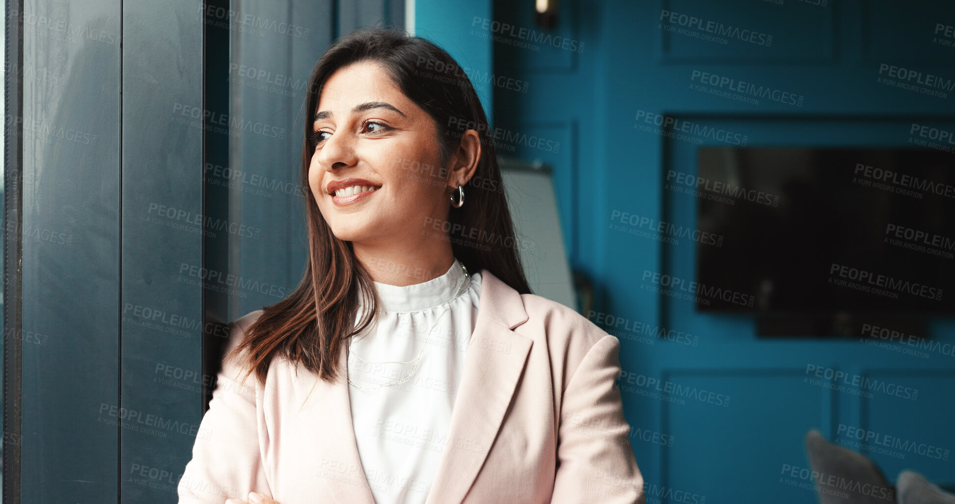 Buy stock photo Window, business and woman in office, thinking and solution with problem solving. Happy person, lawyer and attorney in workplace, daydreaming and decision with choice, wonder and pride with new job