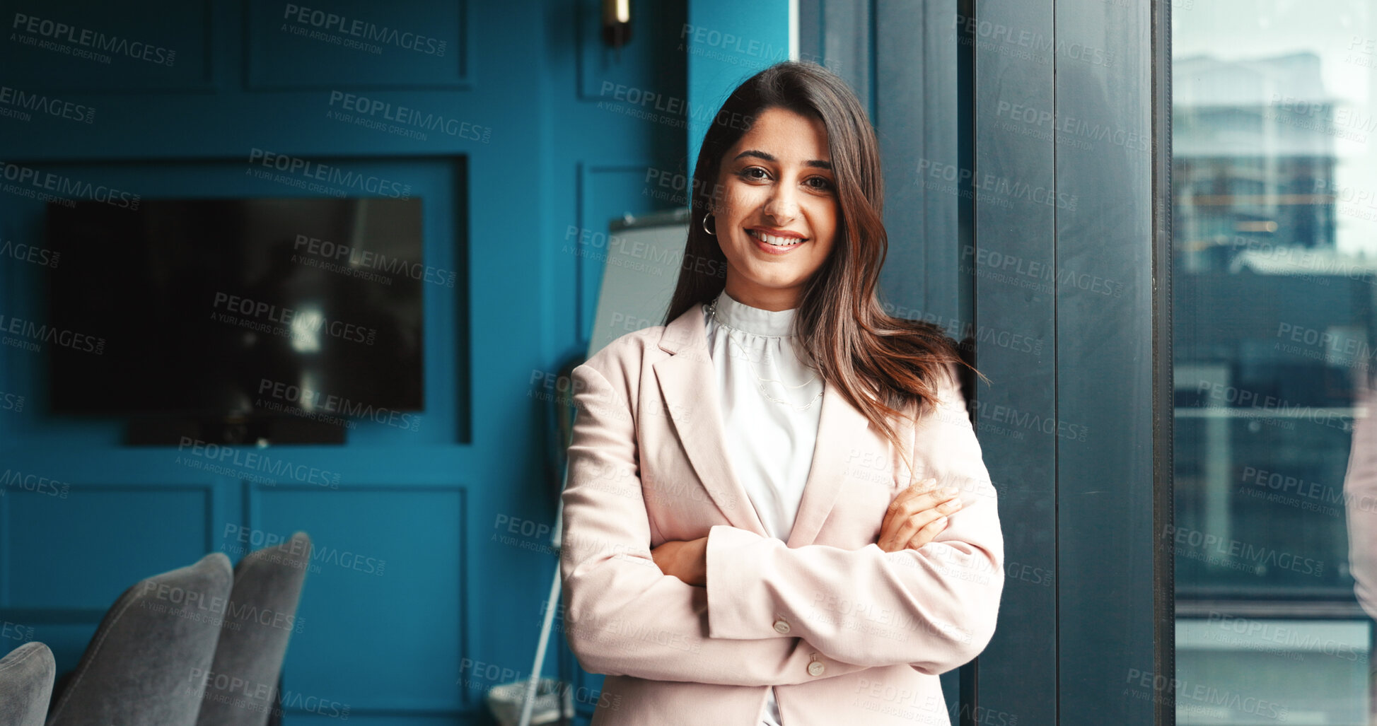 Buy stock photo Portrait, confident and woman with arms crossed, office and happy for internship in agency or creative. Ambitious, journalist and person with smile for new job, intern and career growth in USA