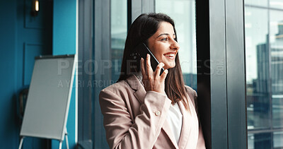 Buy stock photo Office, businesswoman and smile with phone call for negotiation, funding discussion and networking. Career, female person and financial advisor with mobile for talking, offer and feedback with client