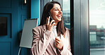 Office, businesswoman and happy with phone call for networking, funding discussion and negotiation. Career, female person and financial advisor with mobile for talking, laugh and feedback with client