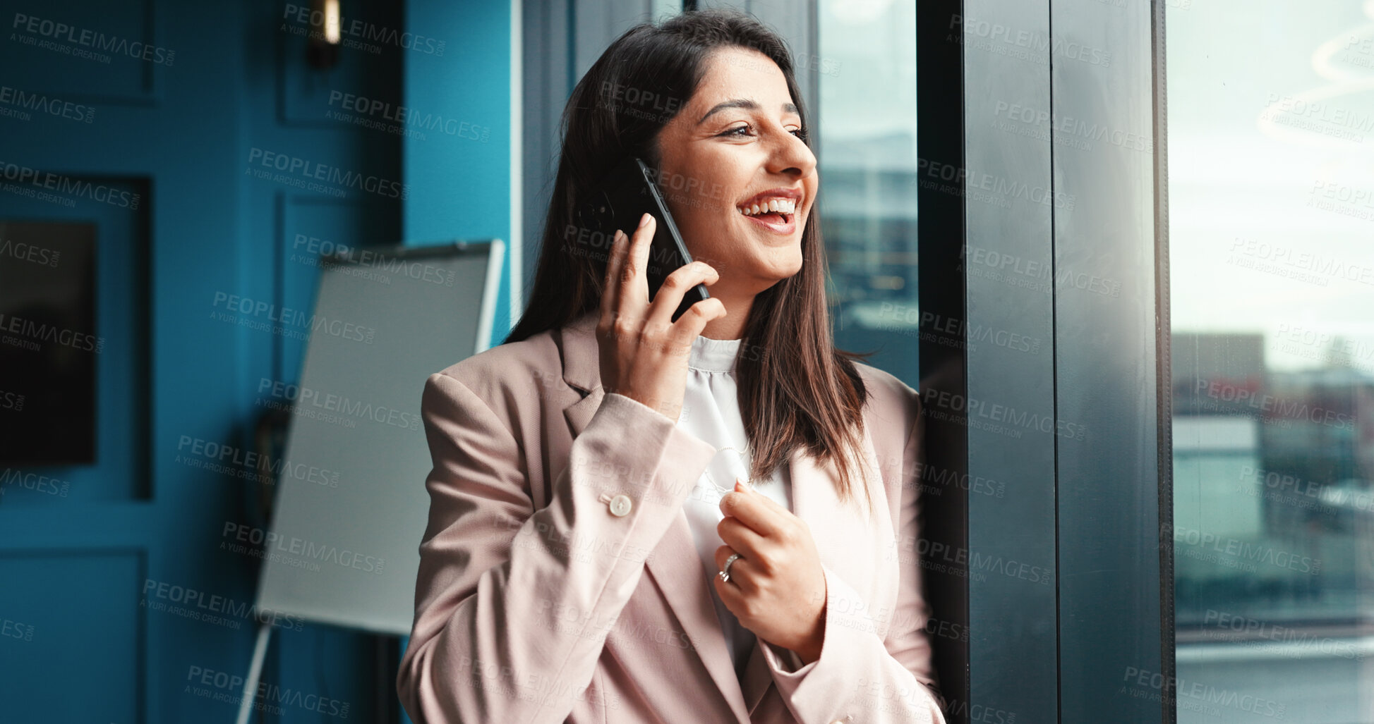 Buy stock photo Office, businesswoman and happy with phone call for networking, funding discussion and negotiation. Career, female person and financial advisor with mobile for talking, laugh and feedback with client