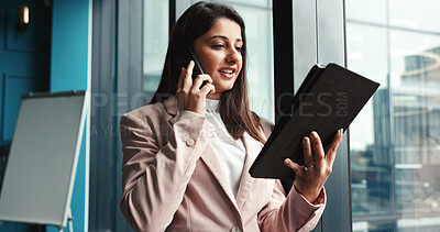 Buy stock photo Finance, phone call and tablet with business woman at window in office for investment update. Asset management, conversation and wealth with employee trading on stock market for portfolio strategy
