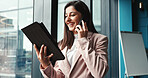 Laughing, phone call and woman with tablet, office or conversation with contact for recruitment. Corporate, recruiter and person with schedule for interview, reading or funny chat for job application