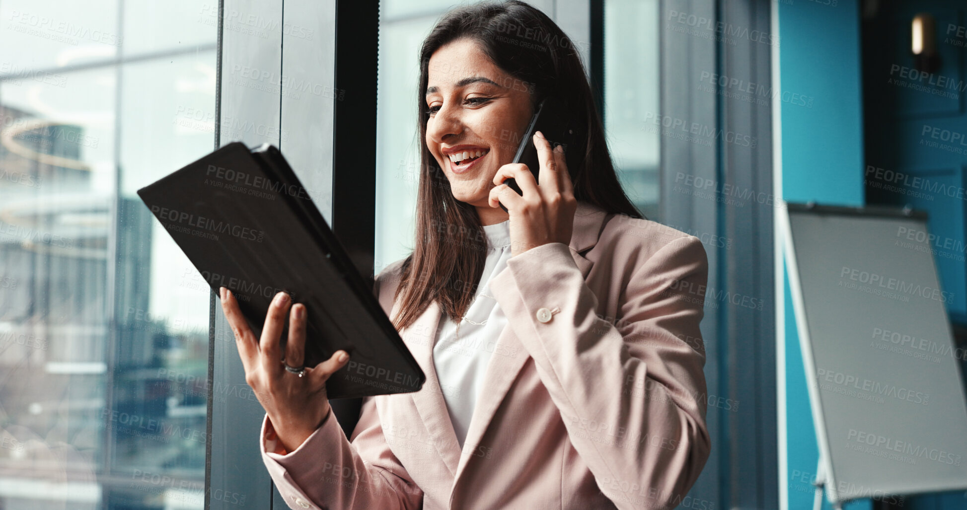 Buy stock photo Laughing, phone call and woman with tablet, office or conversation with contact for recruitment. Corporate, recruiter and person with schedule for interview, reading or funny chat for job application