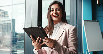 Buy stock photo Portrait, corporate and woman on tablet in office for research, planner and schedule conference. Female coordinator, digital and event information with client feedback, guest list and program layout