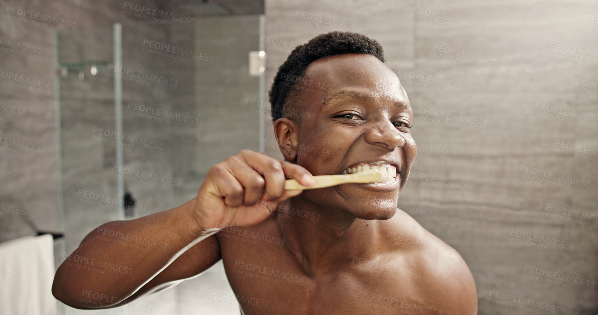 Buy stock photo Black man, portrait and brushing teeth in bathroom for oral care, morning routine or wellness on vacation. Person, toothbrush or mirror POV in luxury apartment with cleaning for gingivitis prevention