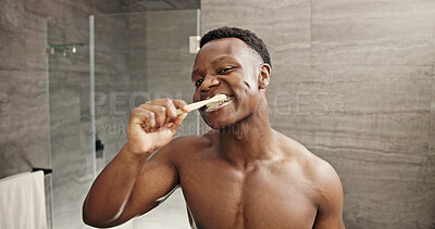Buy stock photo Black man, portrait or brushing teeth in bathroom for dental care, morning routine or wellness on vacation. Person, toothbrush or mirror POV in luxury apartment or cleaning for gingivitis prevention