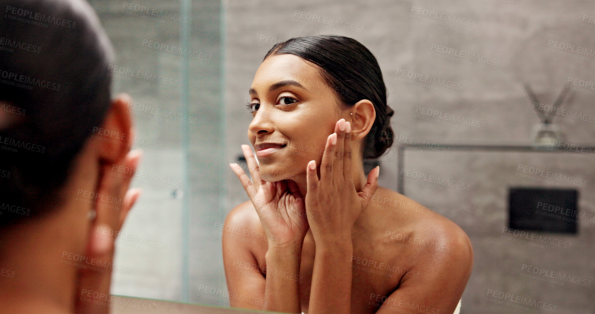 Buy stock photo Bathroom, mirror and woman with touch for skincare, self care and satisfaction for face glow in morning. Home, reflection or female person with beauty for cosmetics, acne treatment or hygiene routine