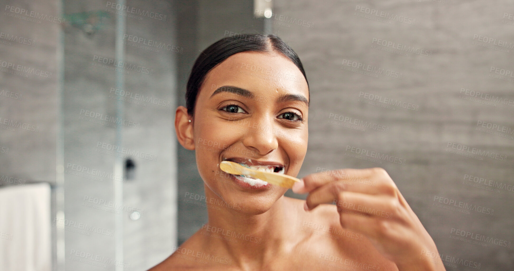 Buy stock photo Woman, portrait or brushing teeth in bathroom for oral care, morning routine or wellness on vacation. Person, bamboo toothbrush or mirror POV in luxury apartment or cleaning for gingivitis prevention