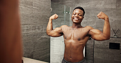 Buy stock photo Smile, black man and mirror for flexing in bathroom of fitness progress, muscle growth and workout pride. Happy, male person and reflection of strong biceps, grooming routine and bodybuilder at house