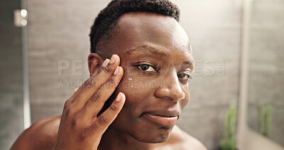 Buy stock photo Eye cream, skincare and face with black man in bathroom for beauty, morning routine and cosmetics. Treatment, hotel resort and cleaning with person at home for grooming, spa glow and self care