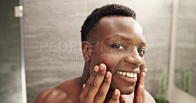 Buy stock photo Smile, skincare and face with black man in bathroom for beauty, morning routine and cosmetics. Dermatology treatment, hotel resort and cleaning with person at home for grooming, spa glow or self care